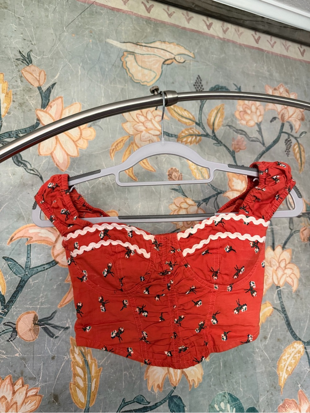 Urban Outfitters Floral Bustier Crop Top Red Orange Corset Cottagecore XS